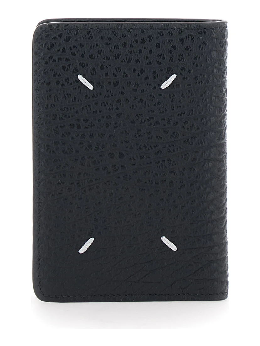 Wallet with Four Stitches on the Back in Black Leather for Women