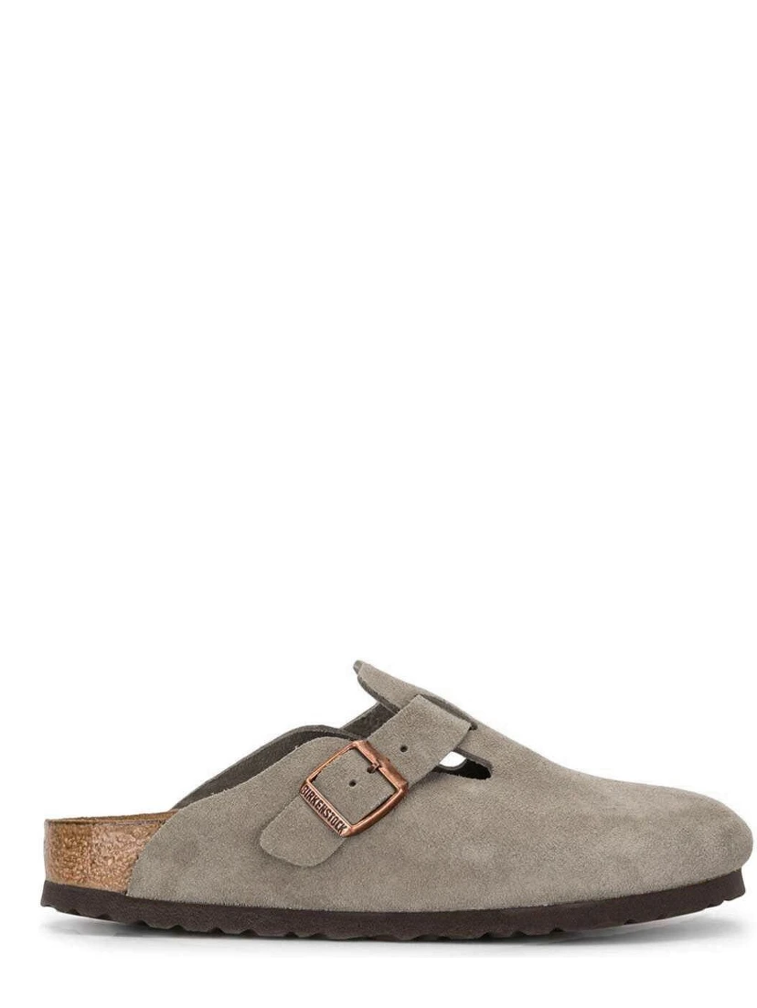 Mule Boston with Buckle Closure and Round Toe in Gray Suede Unisex