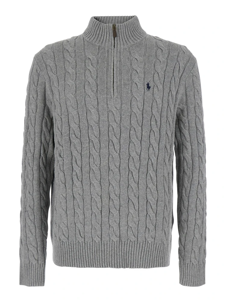 Gray Sweater with half zip on the front and Pony logo on the front in cotton for men