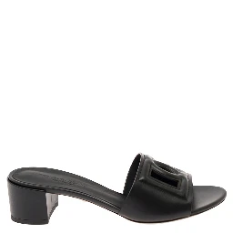 Black Mules with Low Heel and DG Cut-Out in Smooth Leather Woman