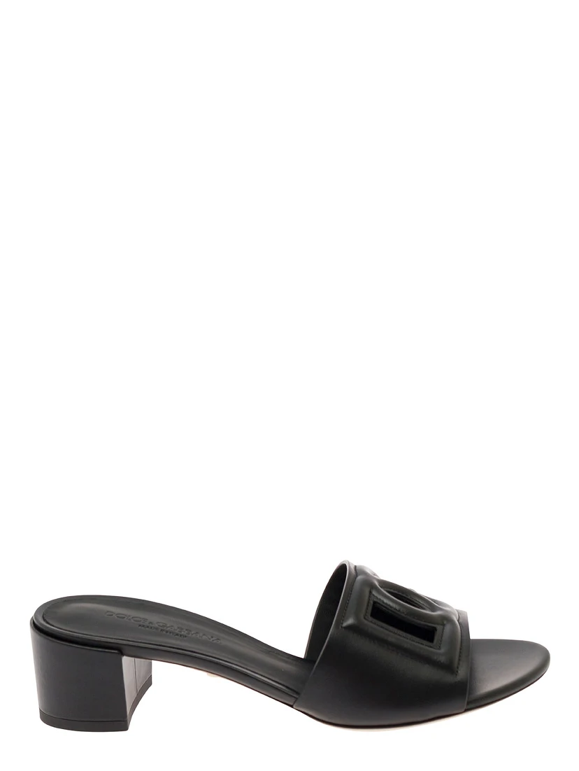Black Mules with Low Heel and DG Cut-Out in Smooth Leather Woman