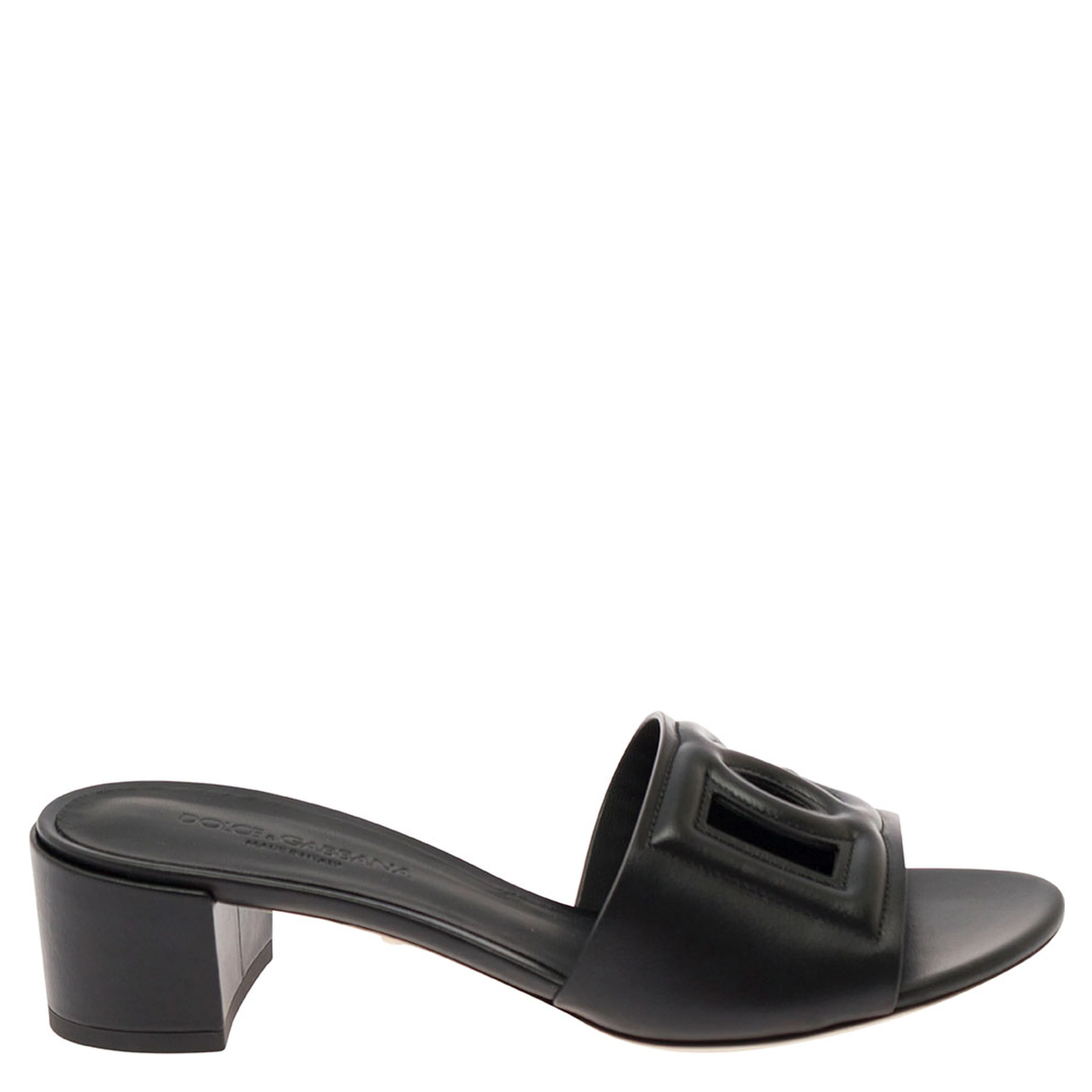 Black Mules with Low Heel and DG Cut-Out in Smooth Leather Woman