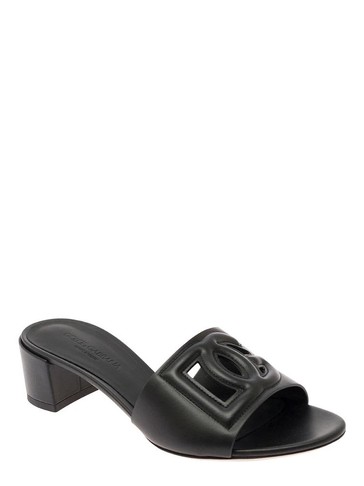 Black Mules with Low Heel and DG Cut-Out in Smooth Leather Woman alternative