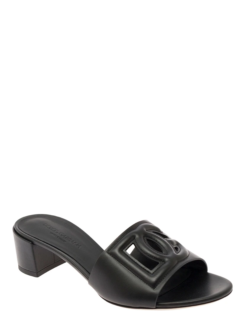 Black Mules with Low Heel and DG Cut-Out in Smooth Leather Woman