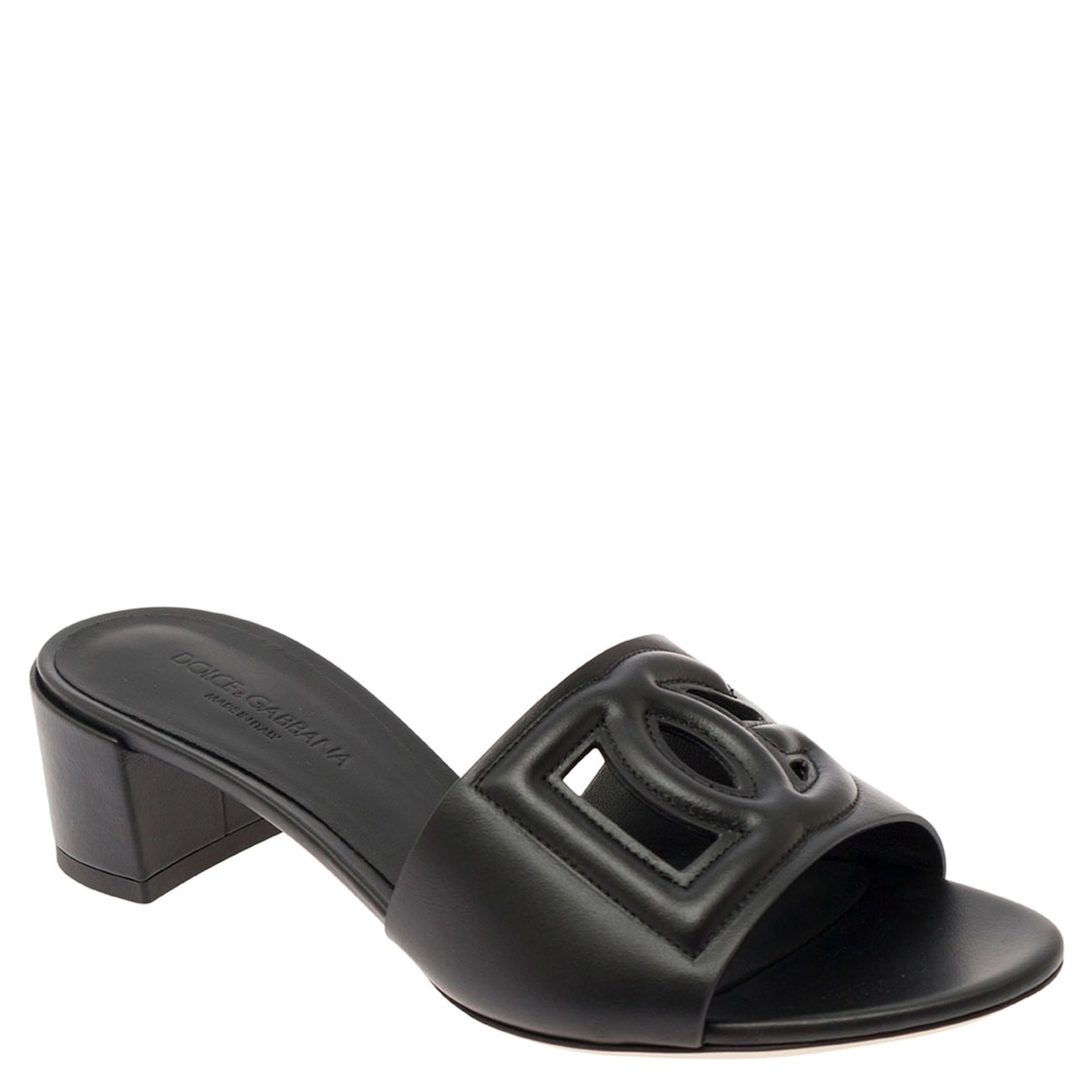 Black Mules with Low Heel and DG Cut-Out in Smooth Leather Woman