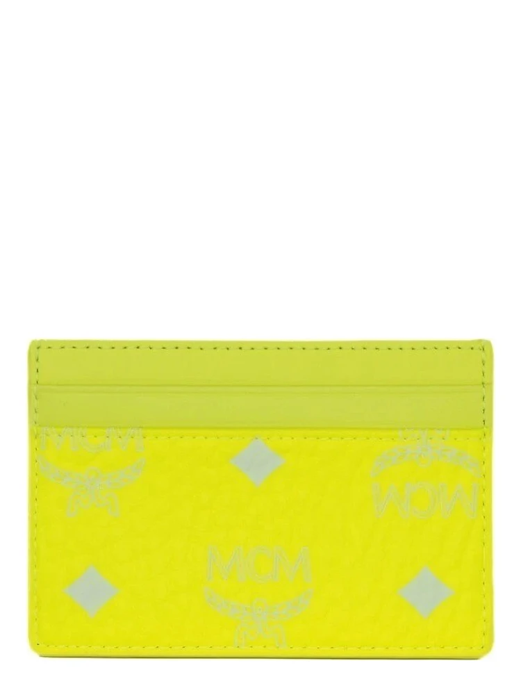 MCM Neon Yellow Visetos Diamond Logo Card Case Wallet