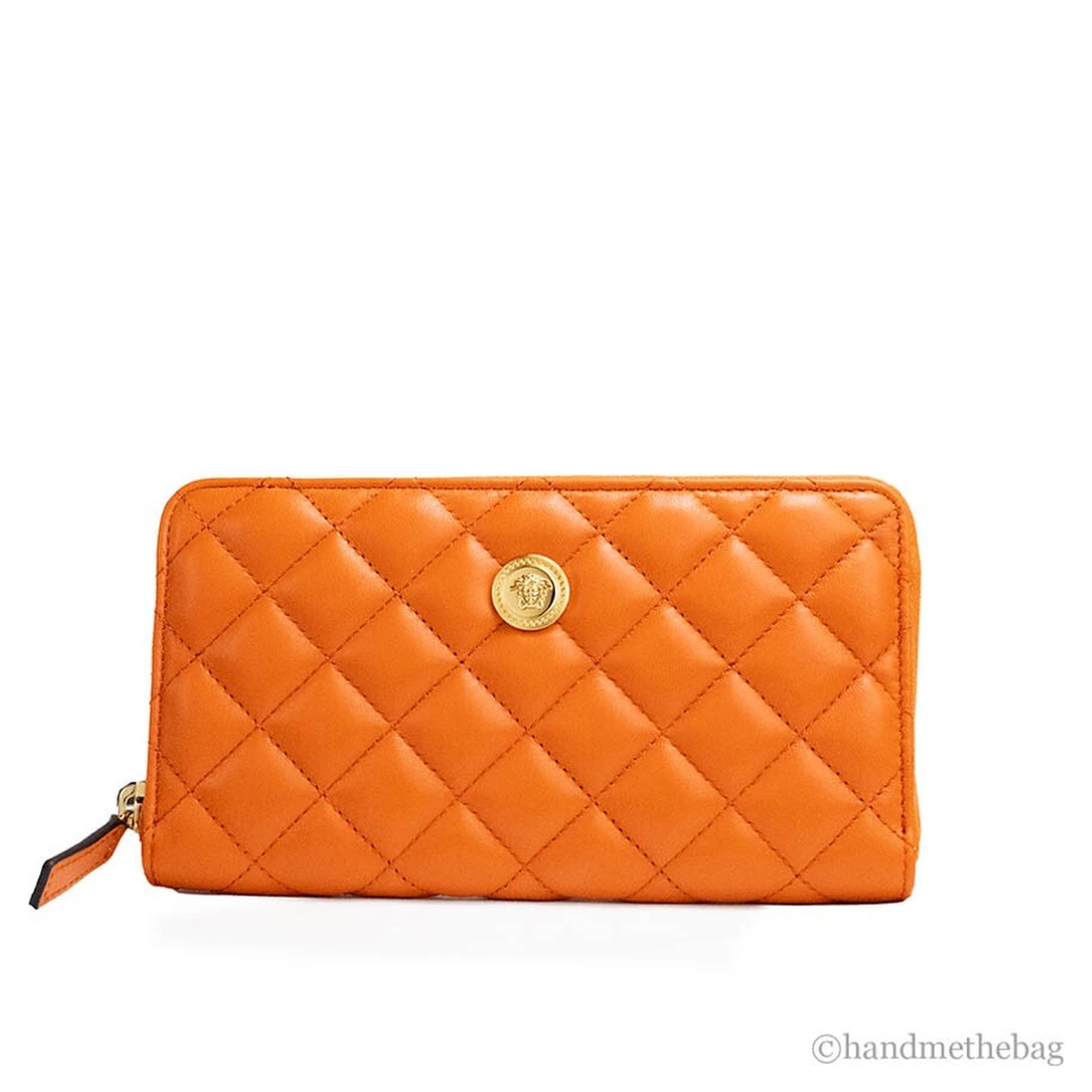 Versace Large Dark Orange Quilted Smooth Leather Continental Clutch Zip Wallet