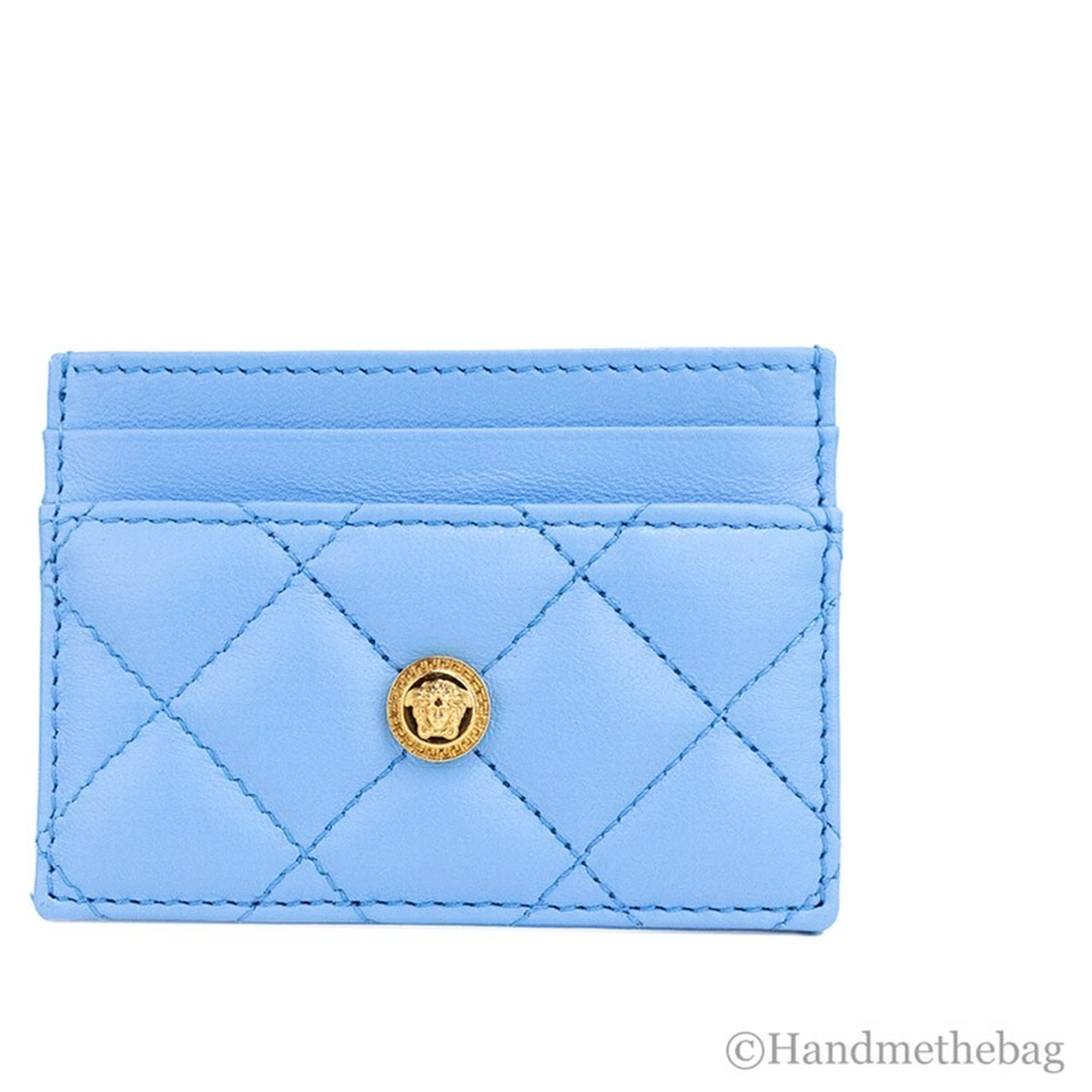 Versace Mini Medusa DV Blue Quilted Smooth Nappa Leather Card Case Wallet