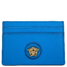 Versace Mini Medusa Blue Grainy Leather Slim Card Case Wallet