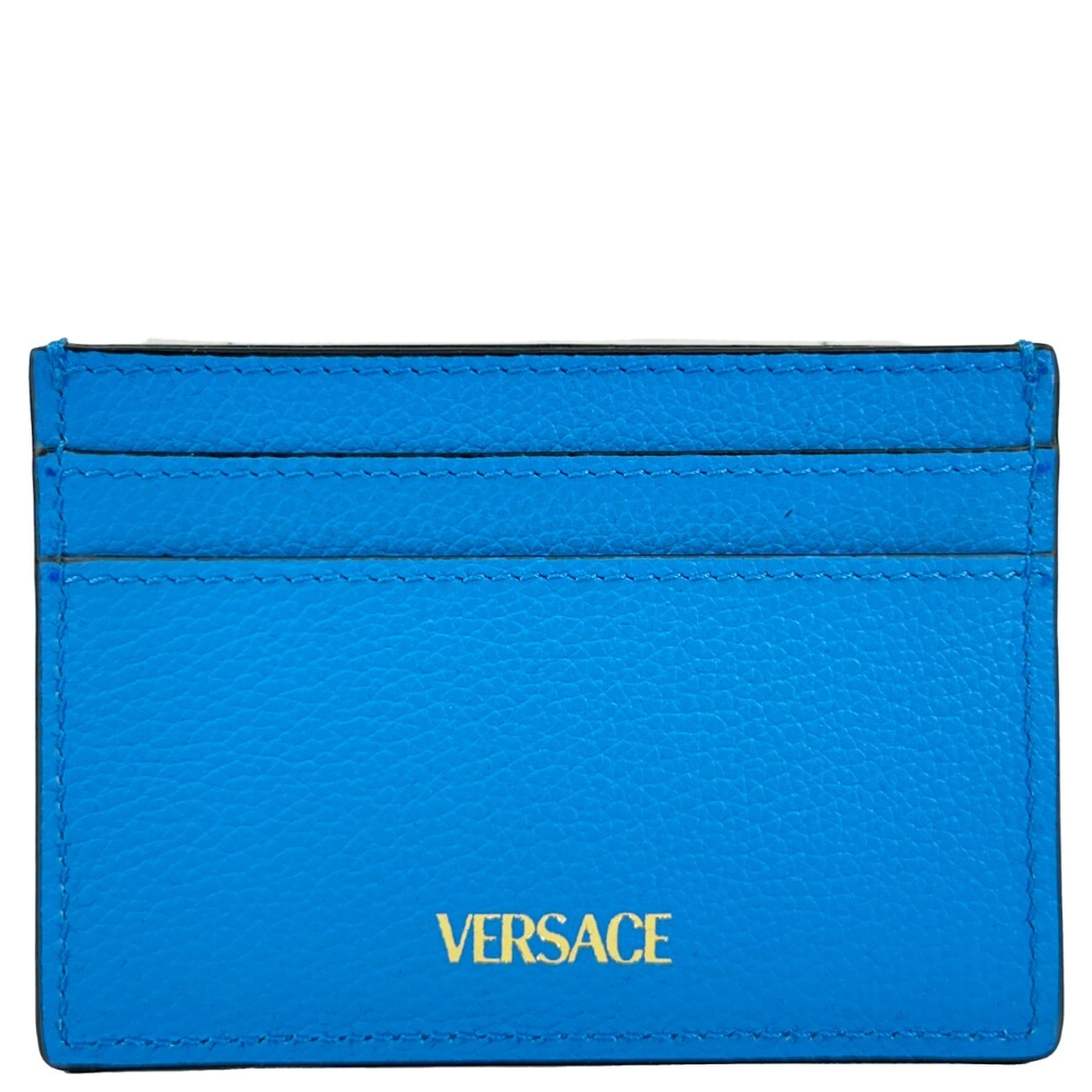 Versace Mini Medusa Blue Grainy Leather Slim Card Case Wallet