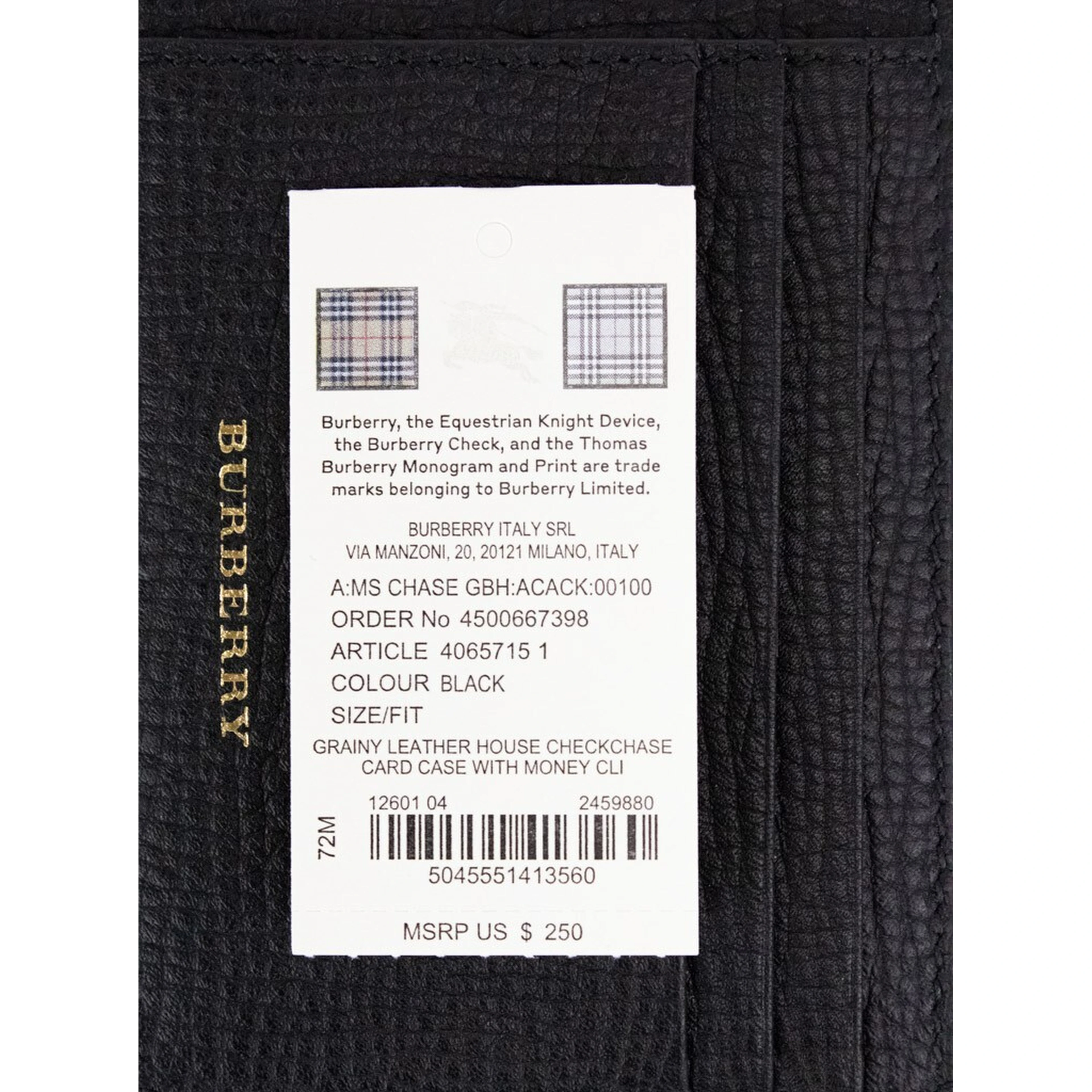 Burberry House Check Chase Black Grainy Leather Money Clip Card Case Wallet