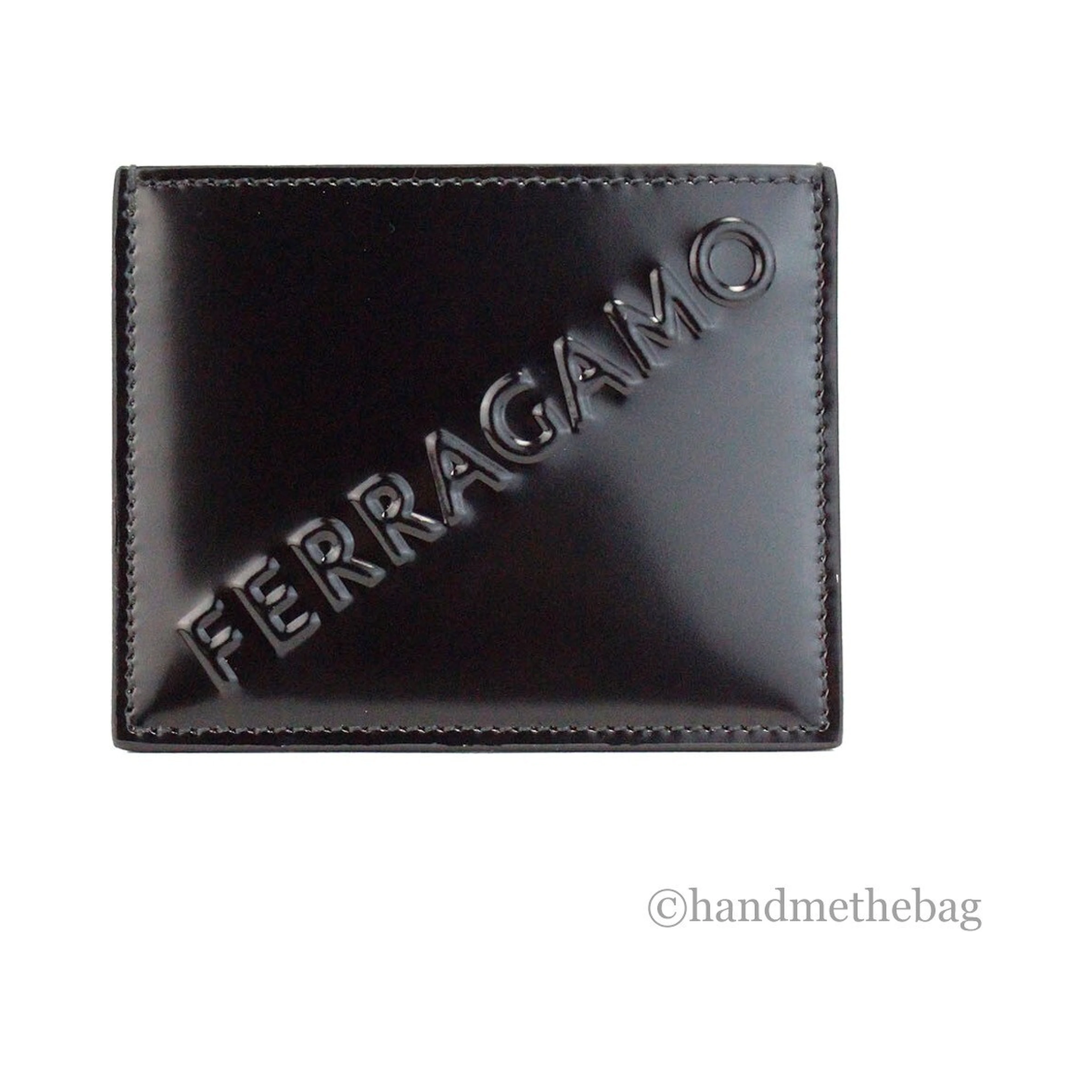 Salvatore Ferragamo Slim Black Embossed Patent Leather Card Case Wallet