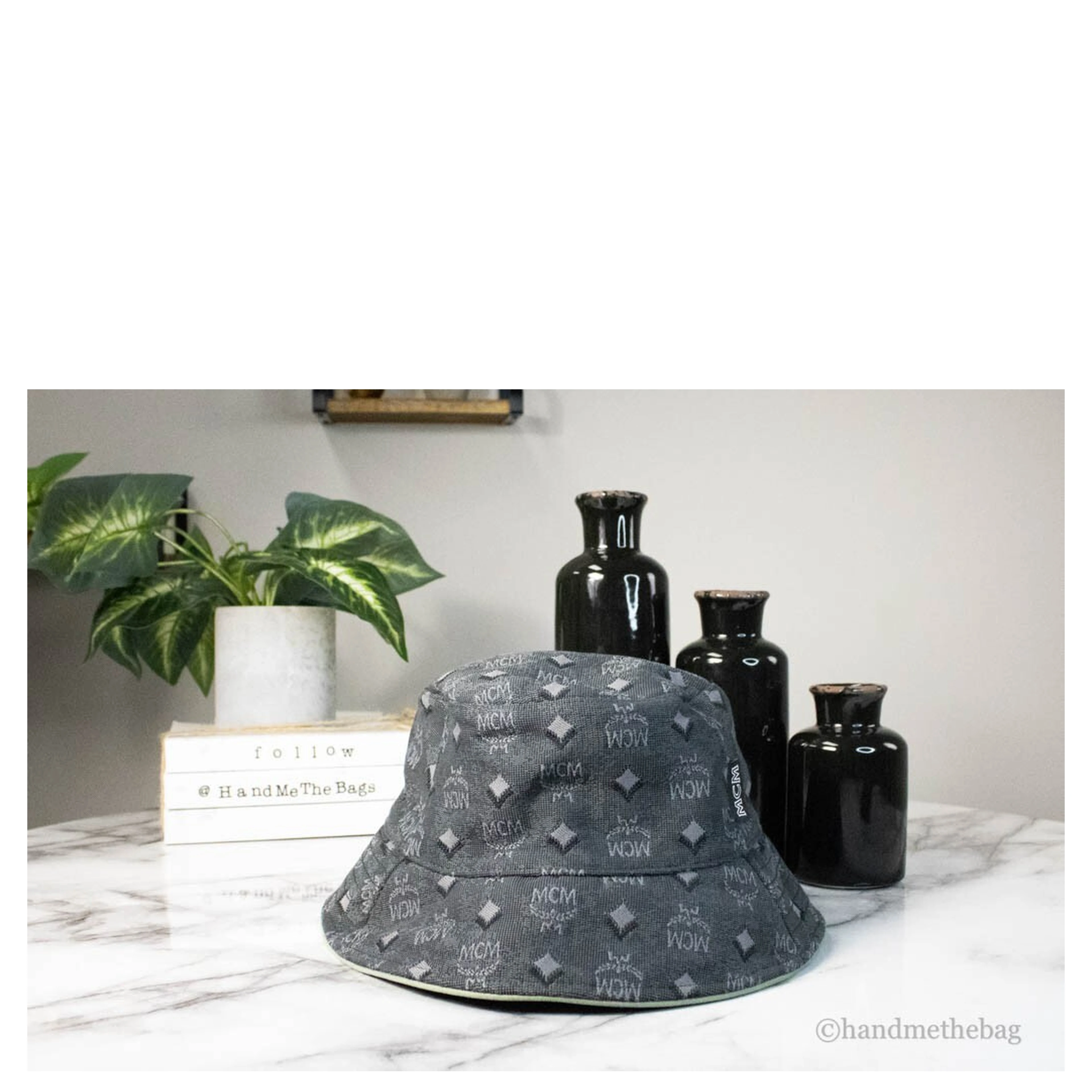 MCM Visetos Dark Grey Recycled Polyamide Cotton Blend Monogram Logo Bucket Hat