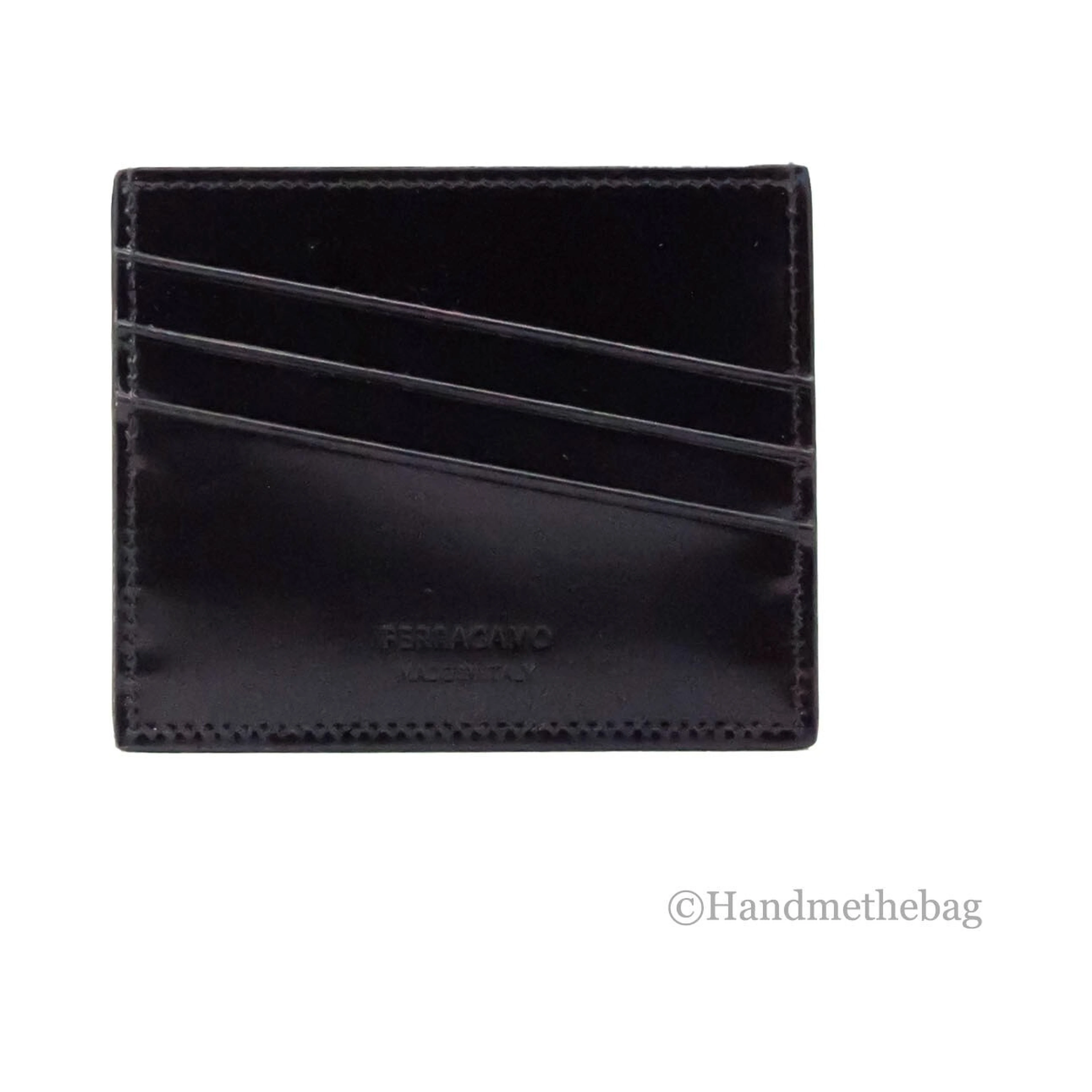 Salvatore Ferragamo Slim Black Embossed Patent Leather Card Case Wallet