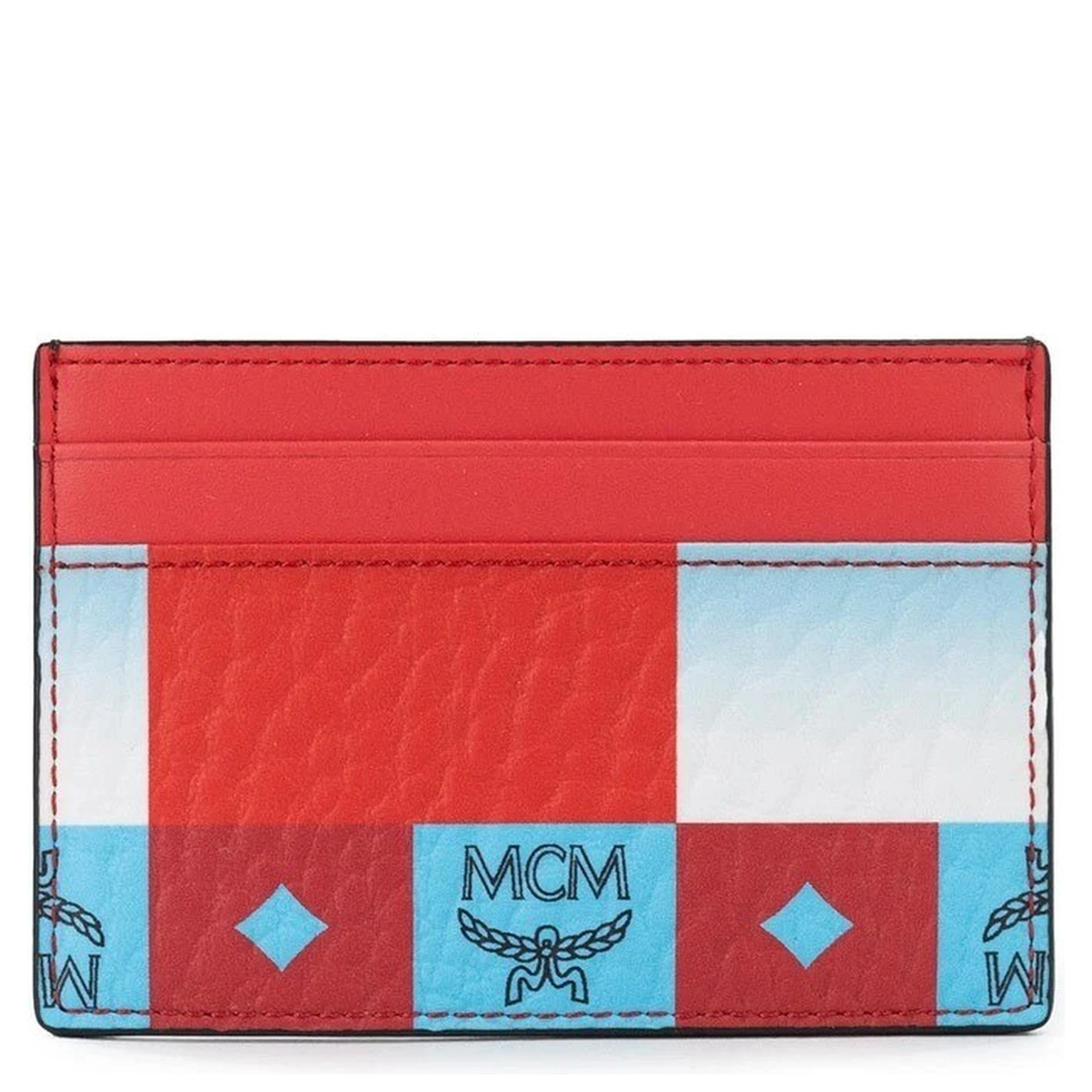 MCM Aren Mini Checkerboard Print Red Multi Visetos Leather Slim Card Case Wallet