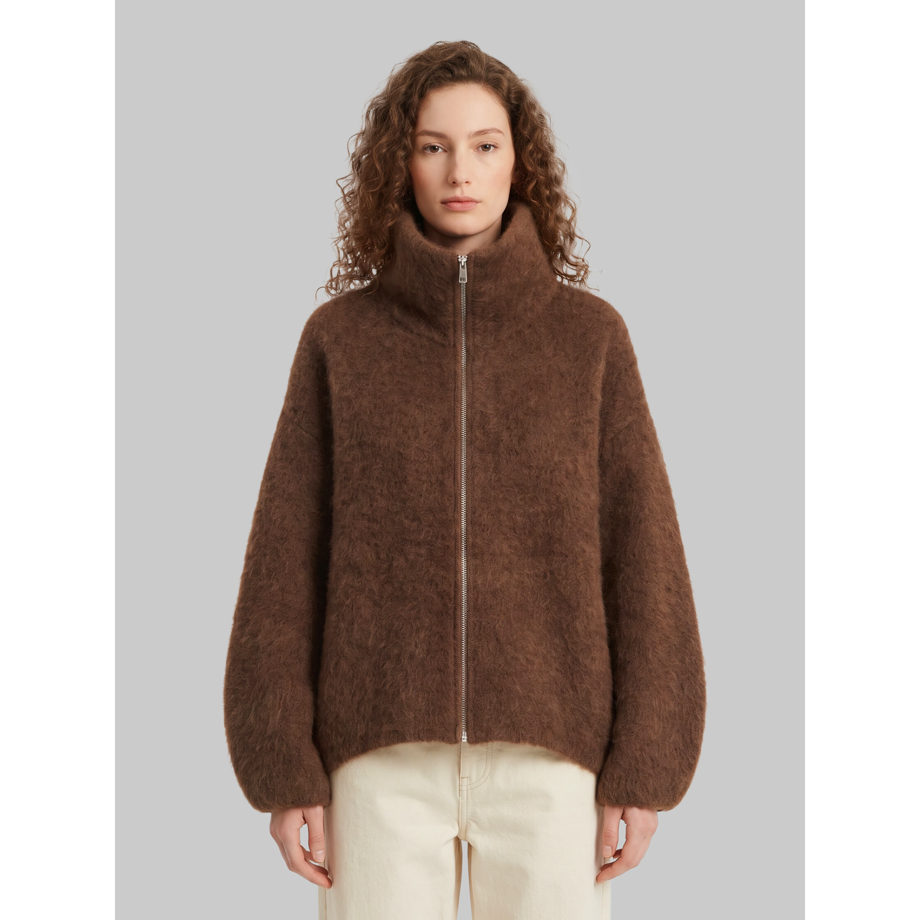 Lupa fuzzy-effect zip cardigan in brown