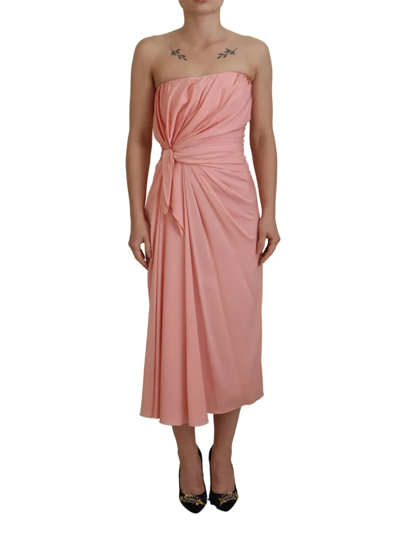 Pink Silk Stretch Strapless Sheath Midi Dress