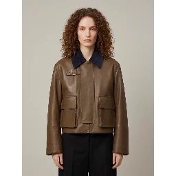 Khaki green lambskin nappa short parka