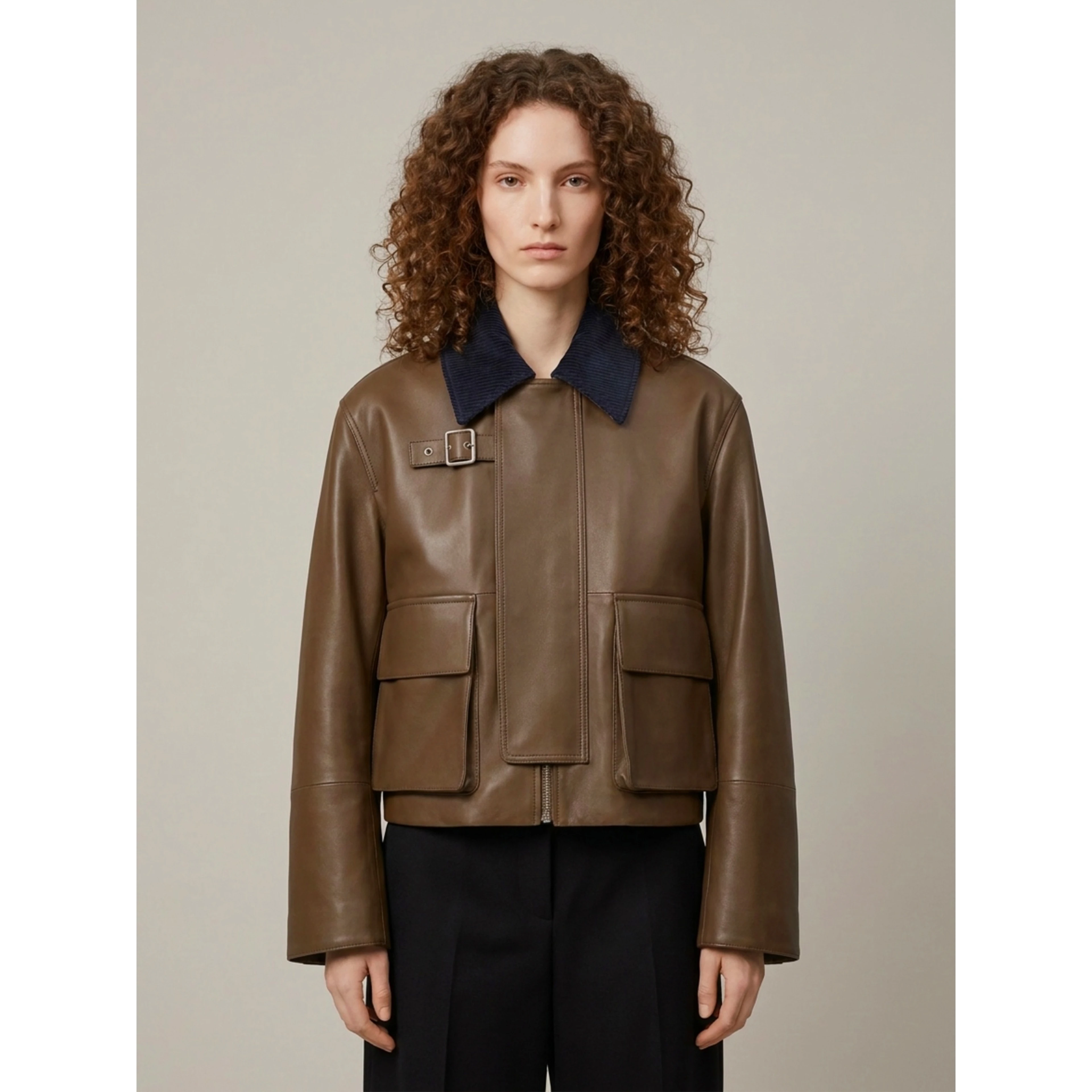 Khaki green lambskin nappa short parka