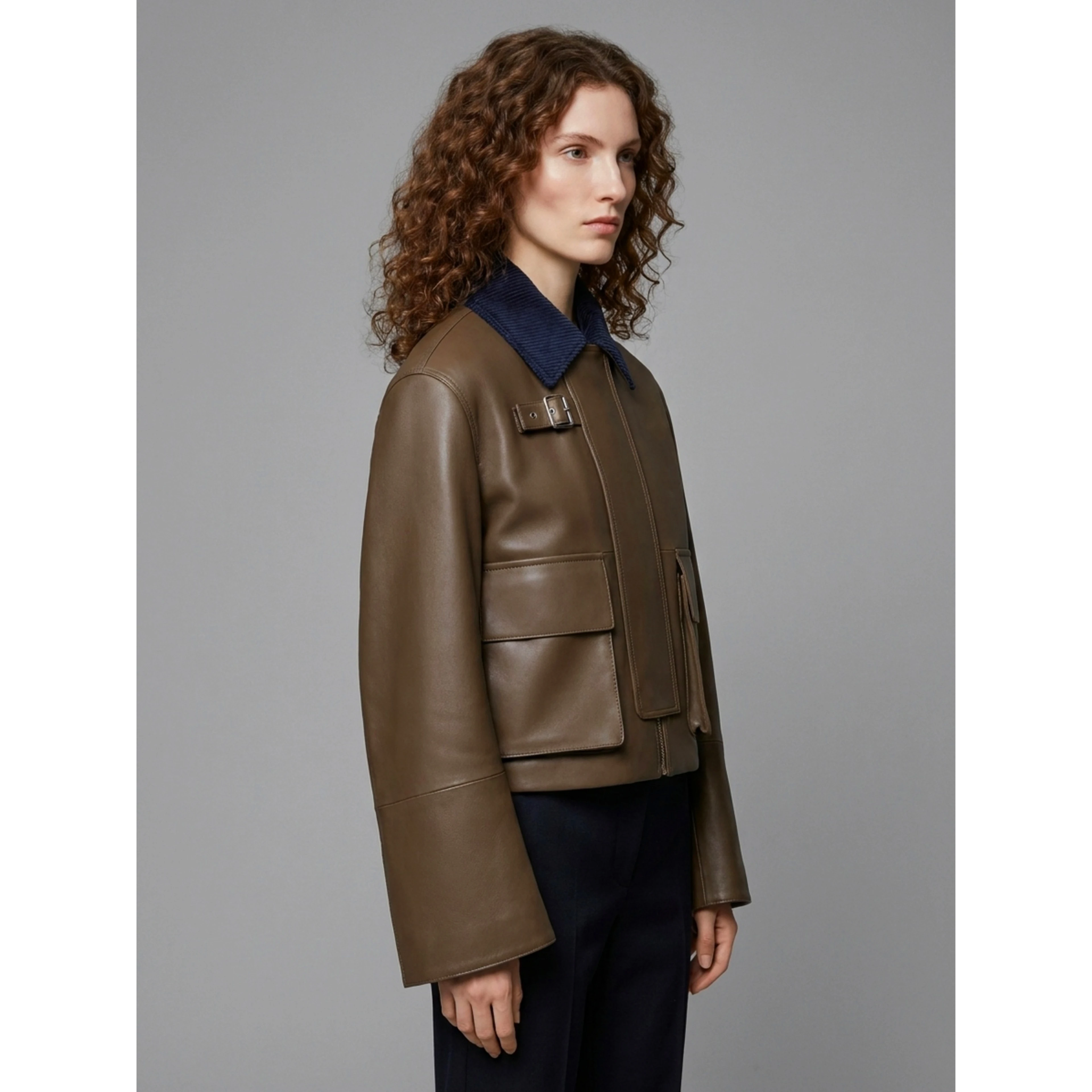 Khaki green lambskin nappa short parka