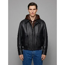 Navy and brown lambskin nappa hooded jacket