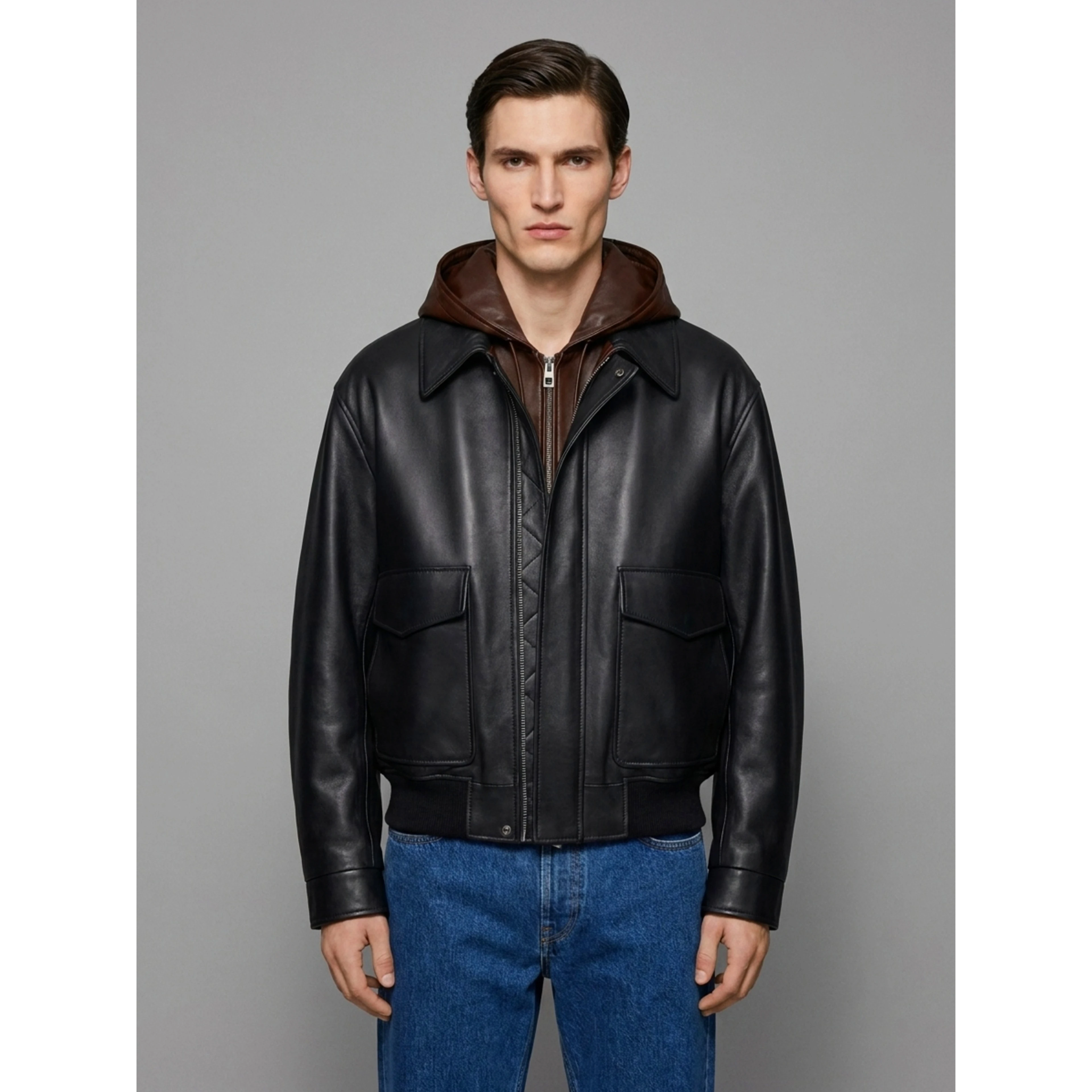 Navy and brown lambskin nappa hooded jacket