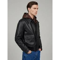 Navy and brown lambskin nappa hooded jacket