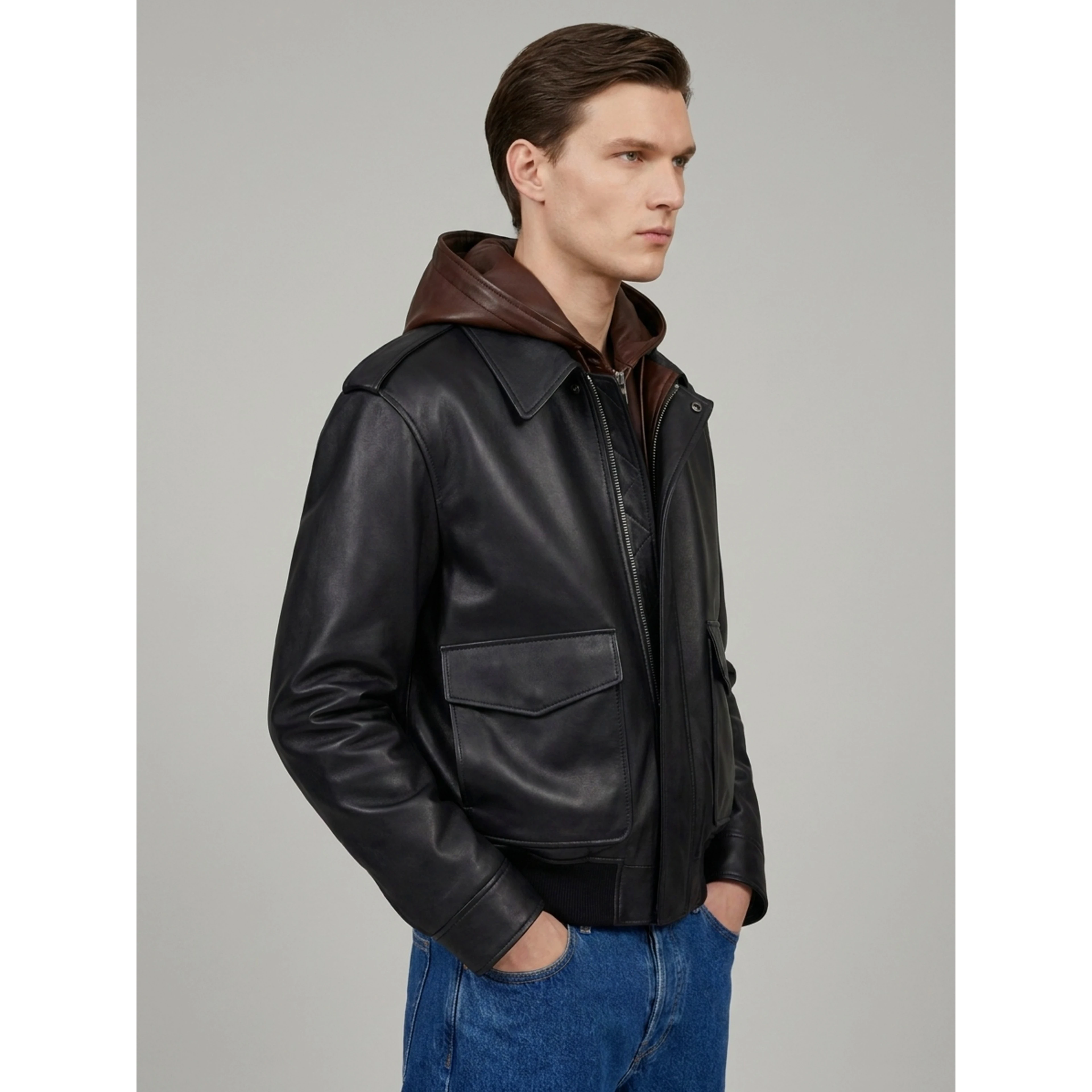 Navy and brown lambskin nappa hooded jacket