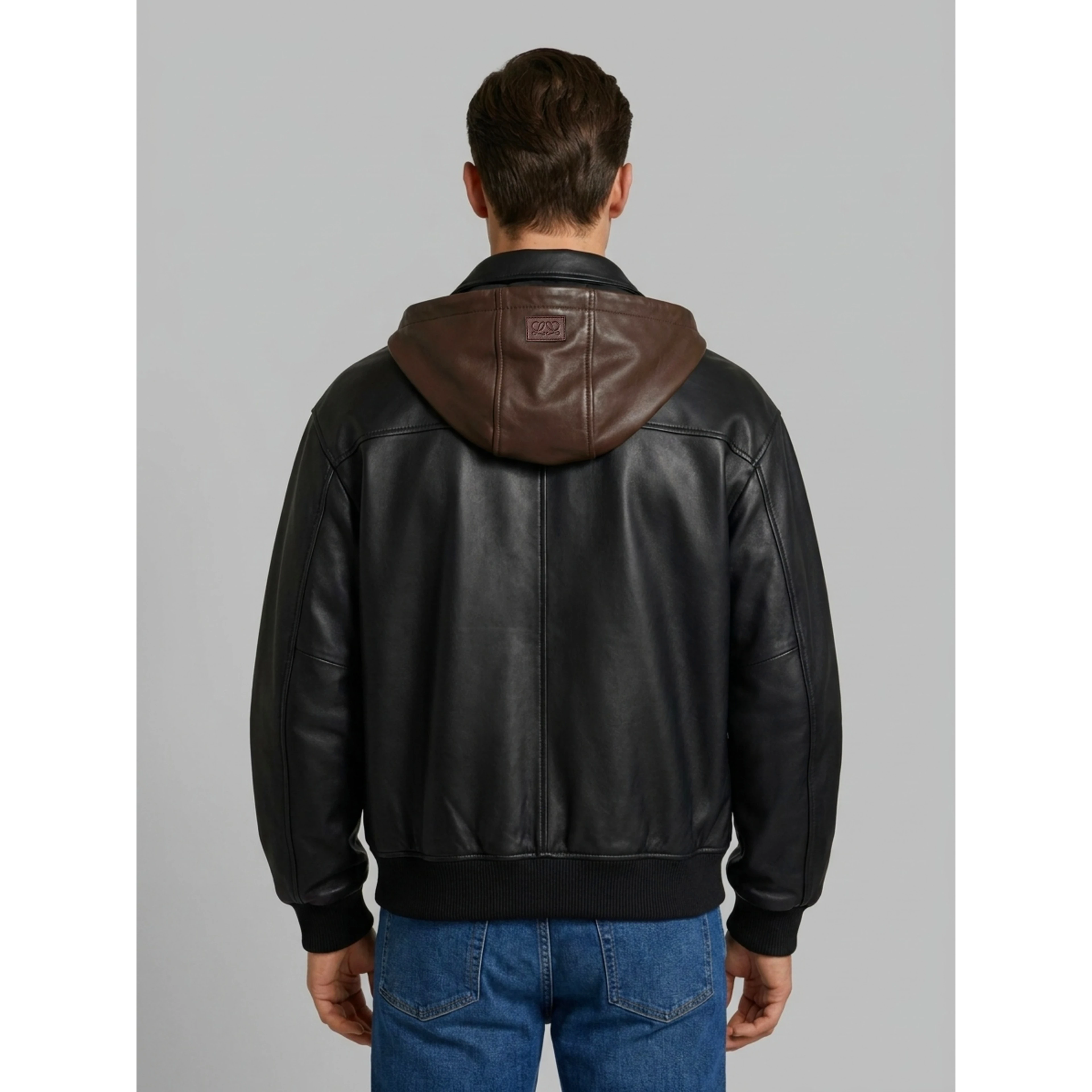 Navy and brown lambskin nappa hooded jacket
