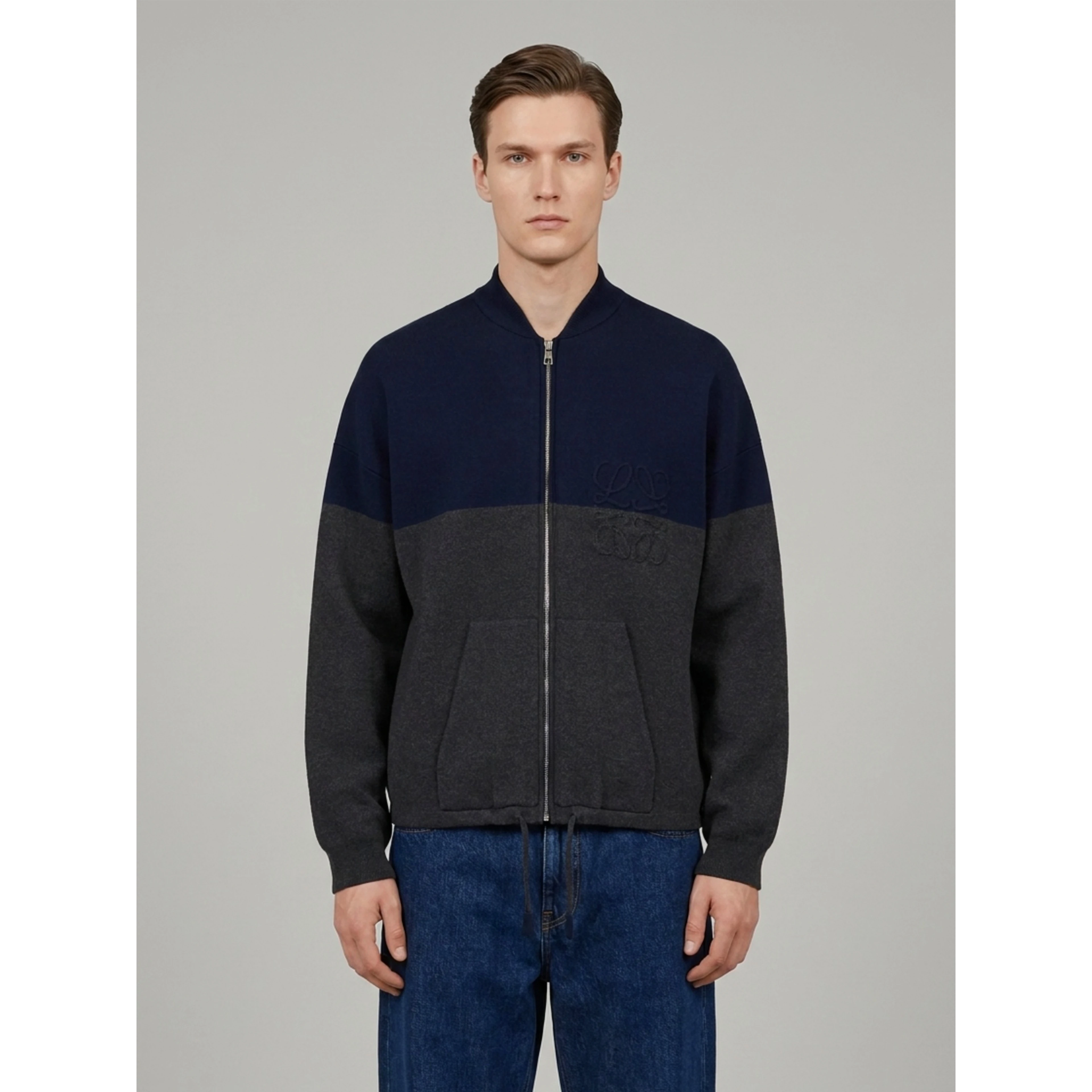 Navy and grey cotton blend zip cardigan
