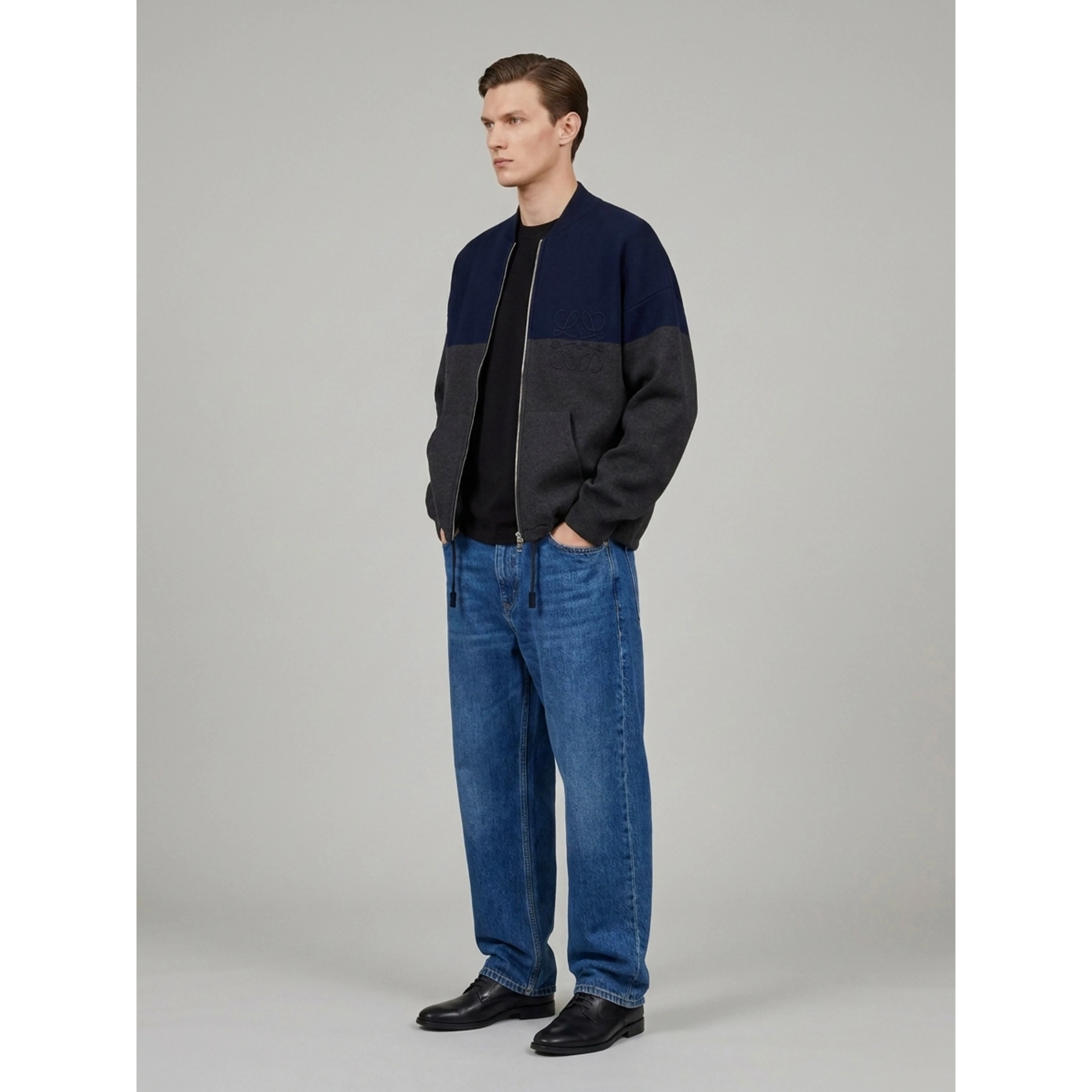 Navy and grey cotton blend zip cardigan
