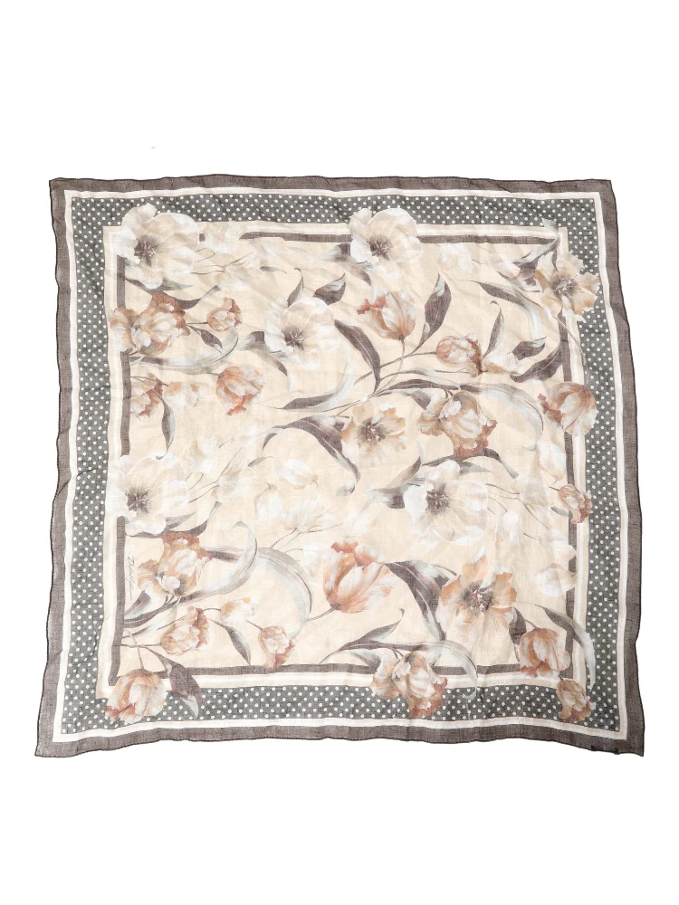 Men Beige Floral Linen Square Foulard Scarf
