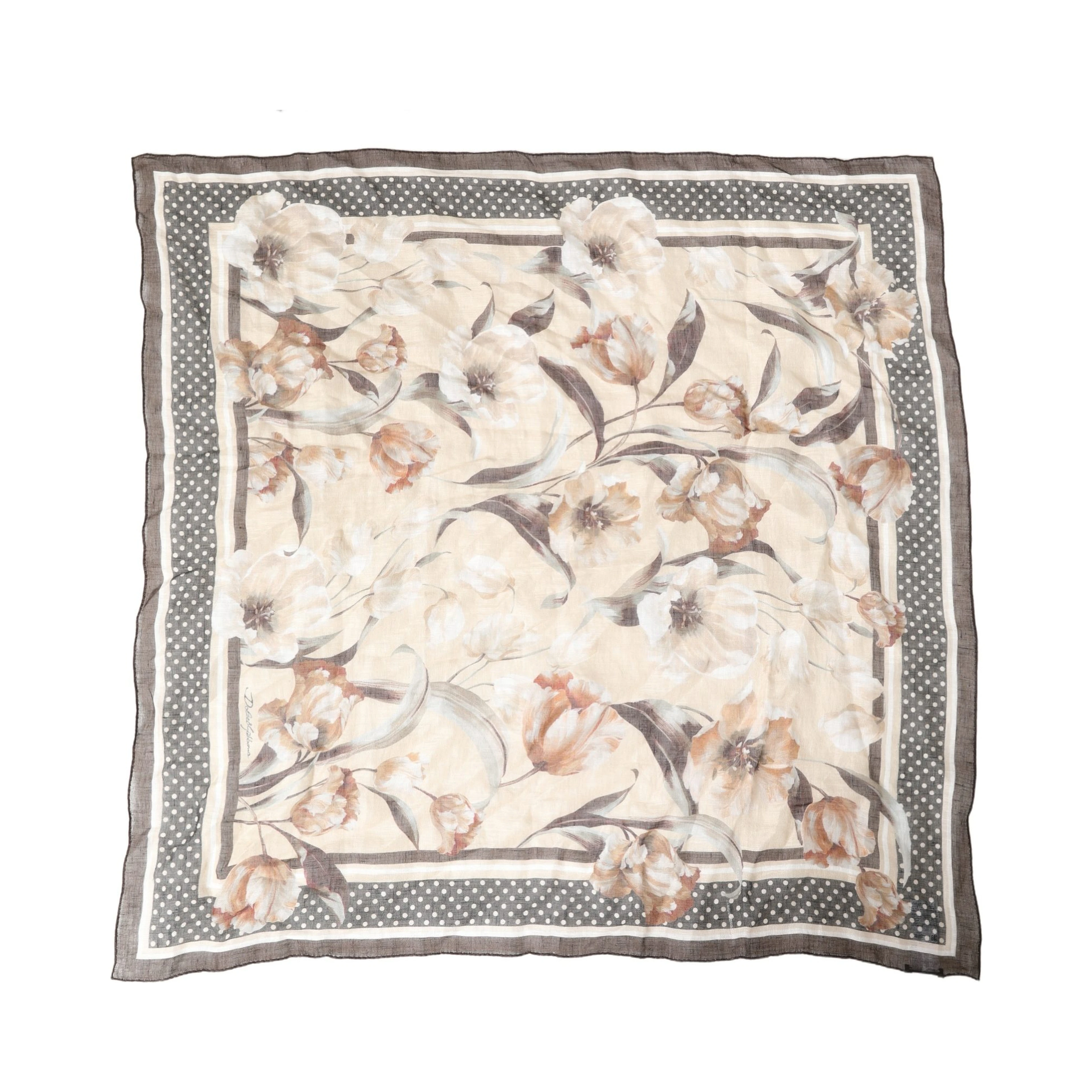 Men Beige Floral Linen Square Foulard Scarf