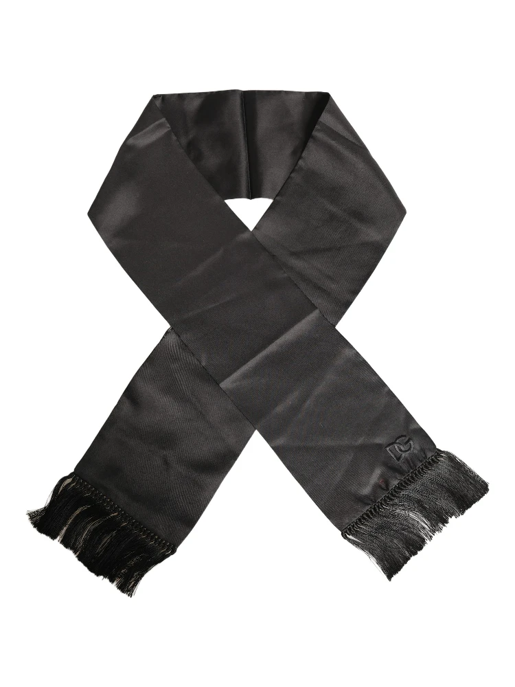 Black Satin Silk Fringed Lace Stole Scarf