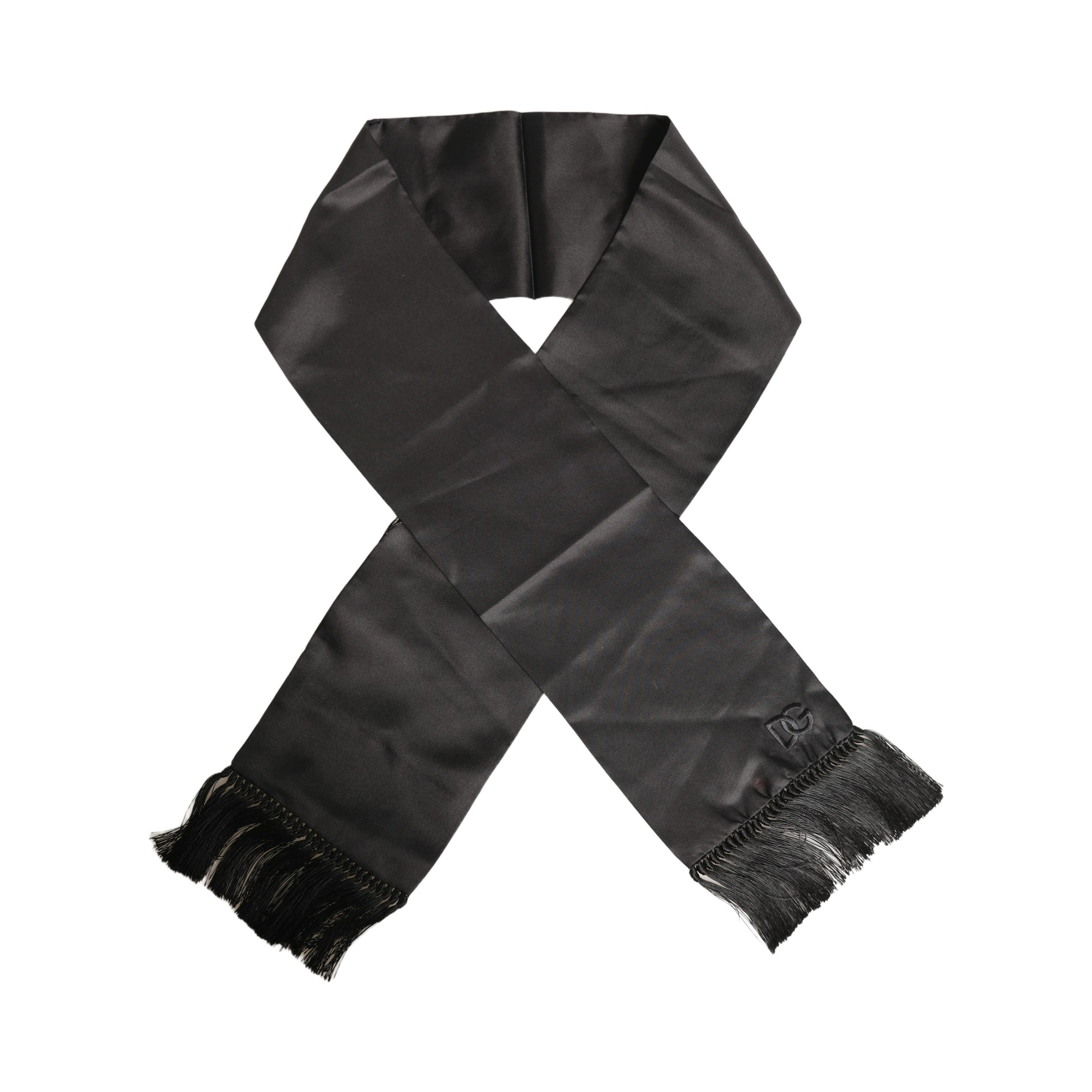 Black Satin Silk Fringed Lace Stole Scarf