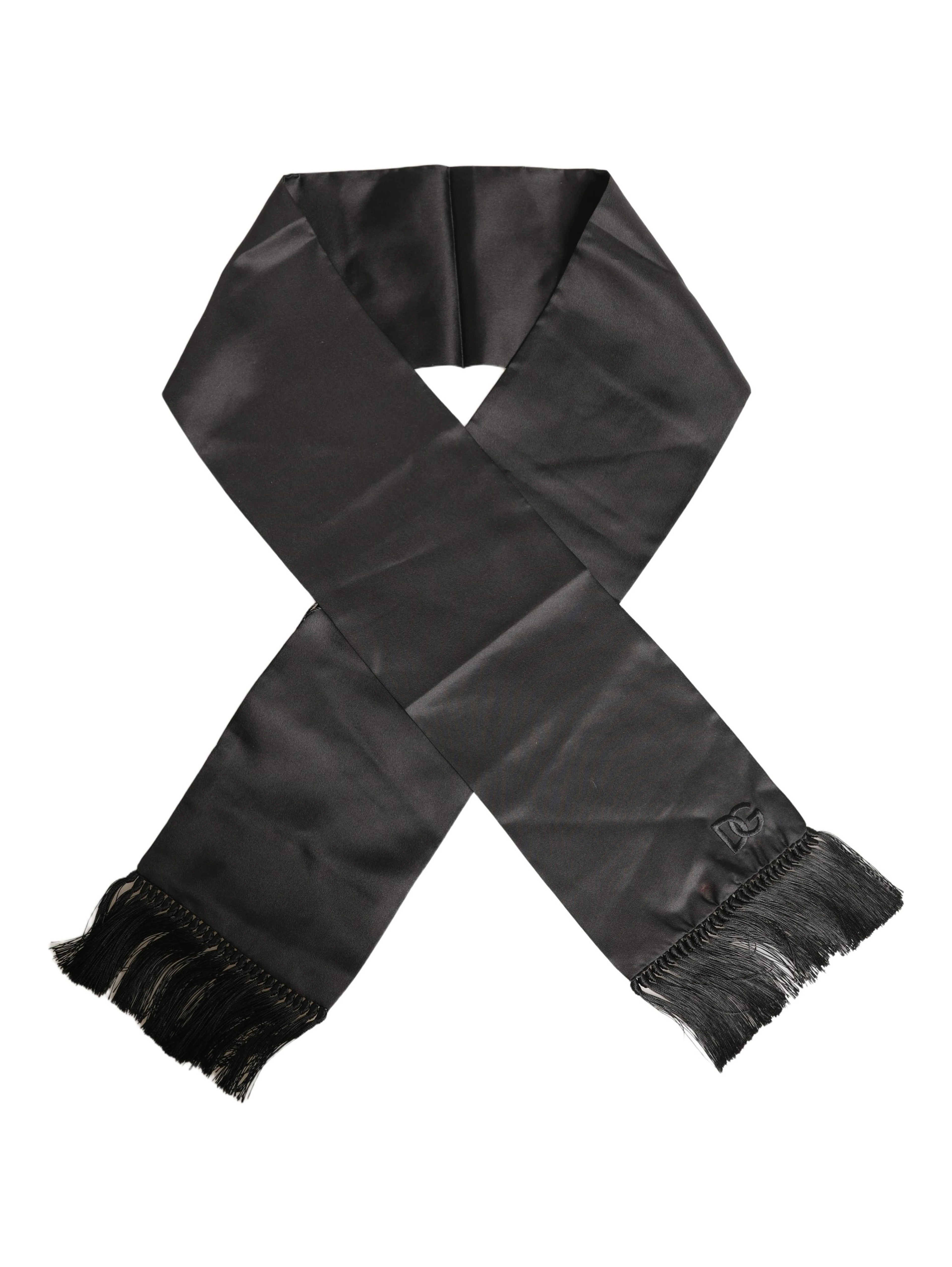 Black Satin Silk Fringed Lace Stole Scarf